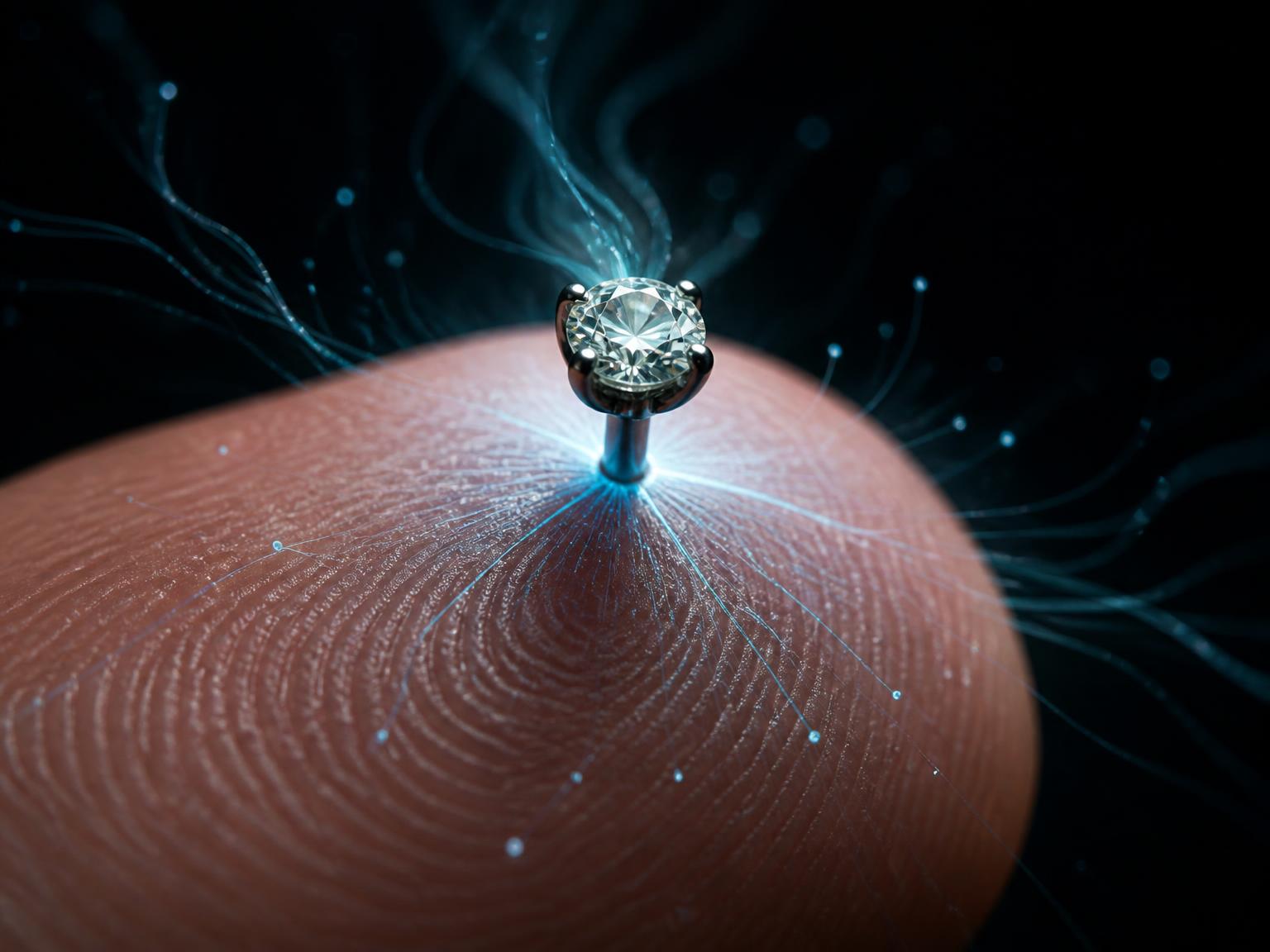 Concept render of a brilliant-cut diamond stud on a fingertip with glowing neural filaments radiating across the skin