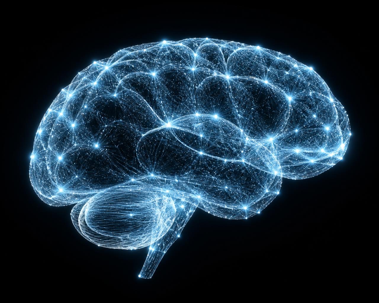 Illustration of a neural network rendered as a luminous brain